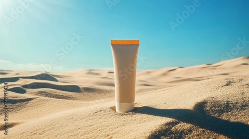 A sunblock tube stands alone on a sandy dune under a clear blue sky, highlighting the importance of sun protection in outdoor environments. photo