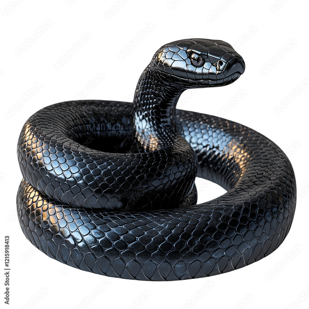 Fototapeta premium Dangerous Black Snake with Elegant Curves and Shiny Scales Isolated on White Background 