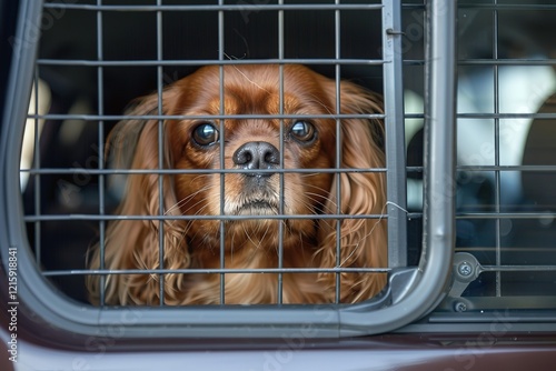 Cavalier King Charles Spaniel dog in a cage van, Ai Generated photo