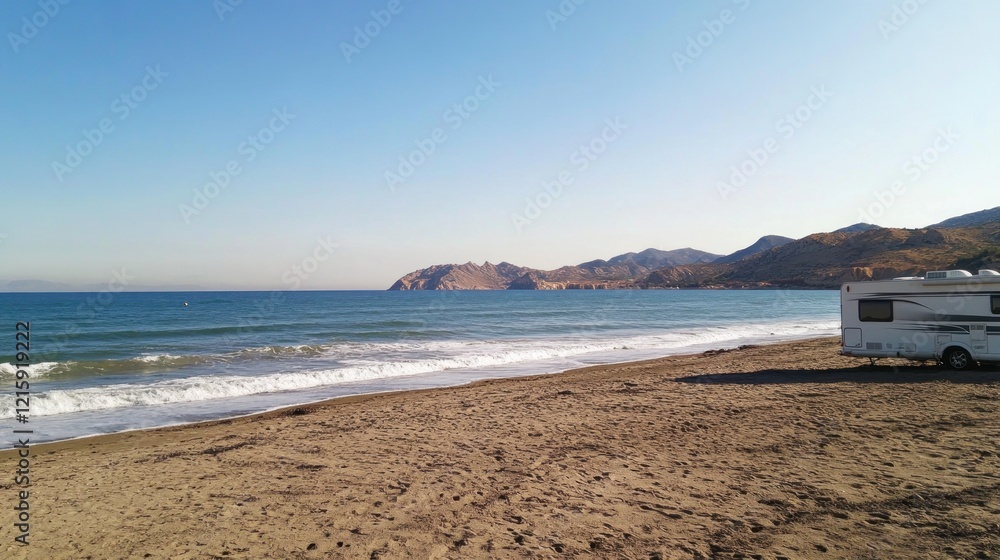 Fototapeta premium Campervan parked on sandy beach, coastal mountains background, summer vacation