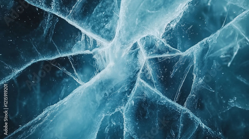 blue background,Cracks in the surface of ice in winter photo