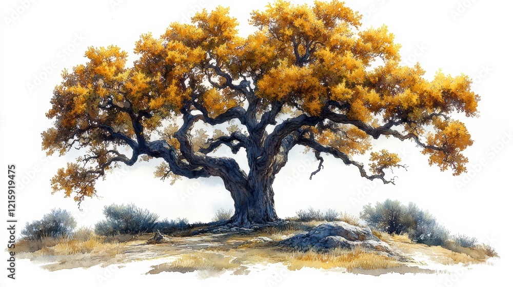 Fototapeta premium Majestic Oak Tree with Vibrant Yellow Leaves on a Sunny Day