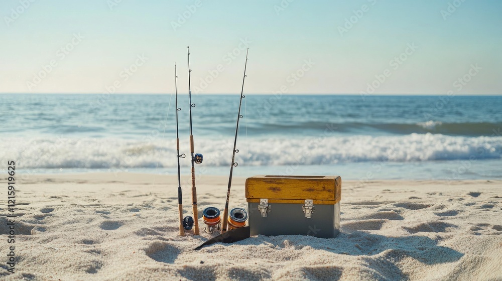 A clean setup of fishing gear on a peaceful beach. Featuring fishing rods, tackle box, and bait. Emphasizing the tranquility and enjoyment of beach fishing. Ideal for leisure and outdoor content. A clean setup of fishing gear on a peaceful beach. Featuring fishing rods, tackle box, and bait. Emphasizing the tranquility and enjoyment of beach fishing. Ideal for leisure and outdoor content.