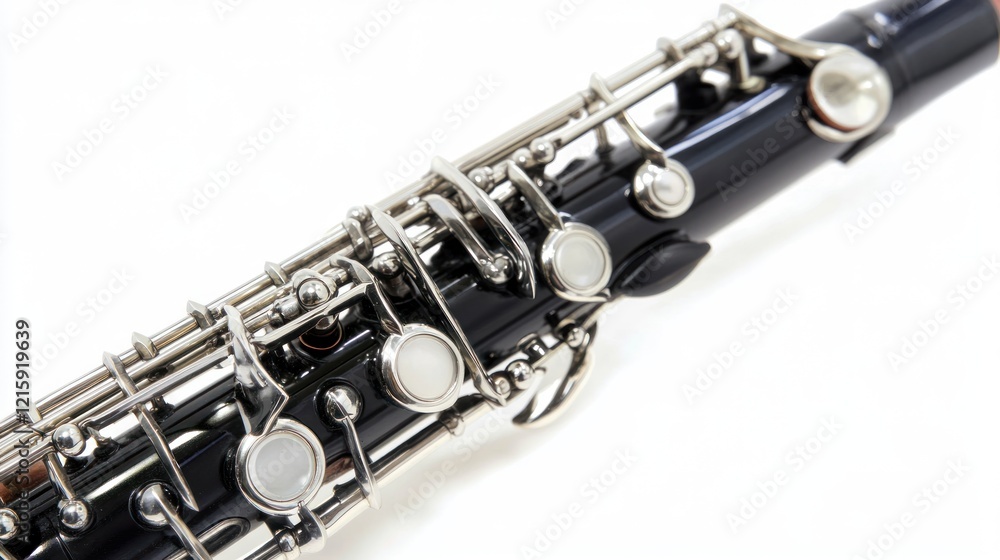 Fototapeta premium Black Oboe Closeup Silver Keys Musical Instrument Detail Shot