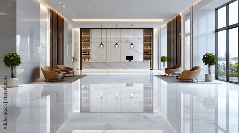 Fototapeta premium Modern hotel lobby with marble floor, reception desk, and seating area.