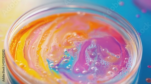 Obraz na płótnie Abstract colorful liquid swirls with bubbles in a glass dish. w salonie