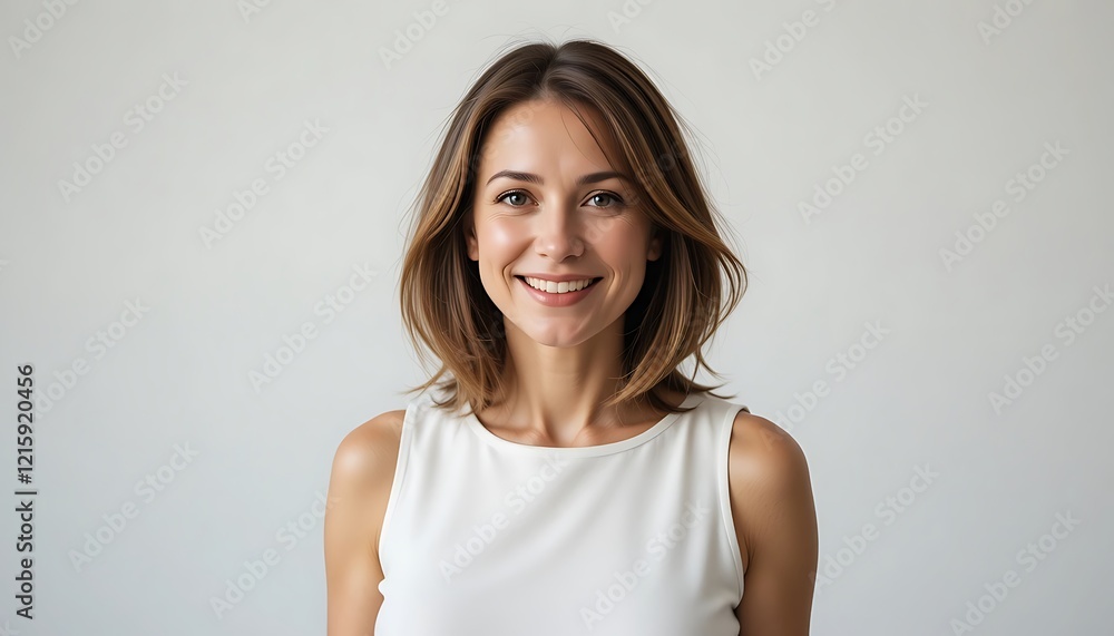 Portrait of a smiling young woman with shoulder-length brown hair wearing a white sleeveless top against a white background