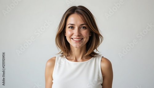 Portrait of a smiling young woman with shoulder-length brown hair wearing a white sleeveless top against a white background