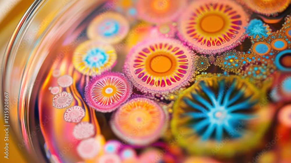 Colorful abstract fluid art in a glass dish, featuring vibrant concentric circles and swirling patterns.