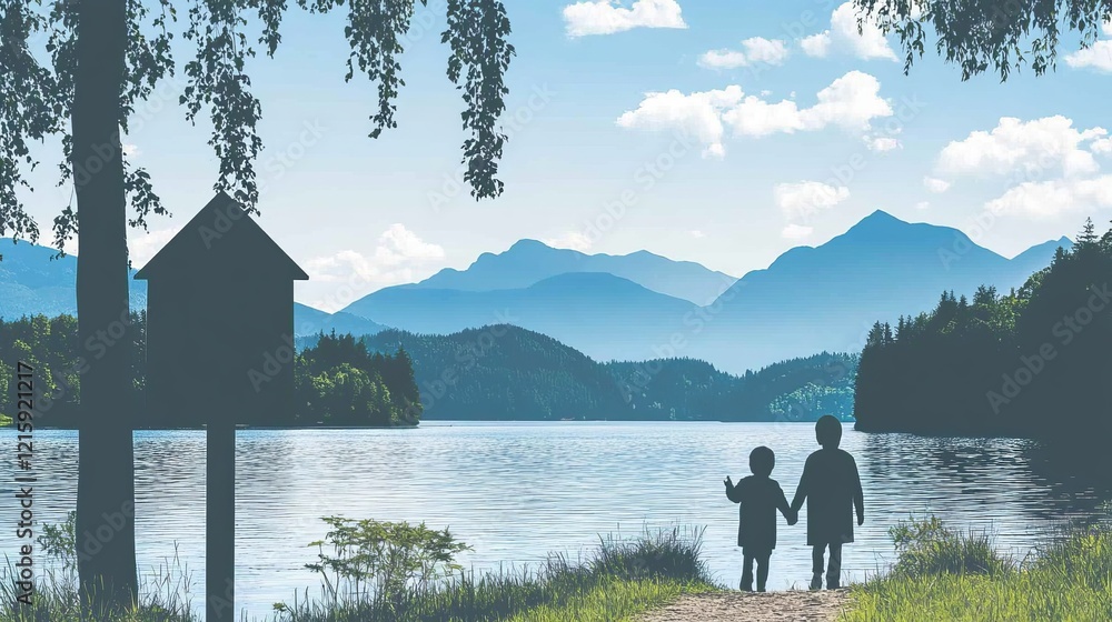 Silhouetted Children by Lake with Mountain View and House Sign Silhouetted Children by Lake with Mountain View and House Sign