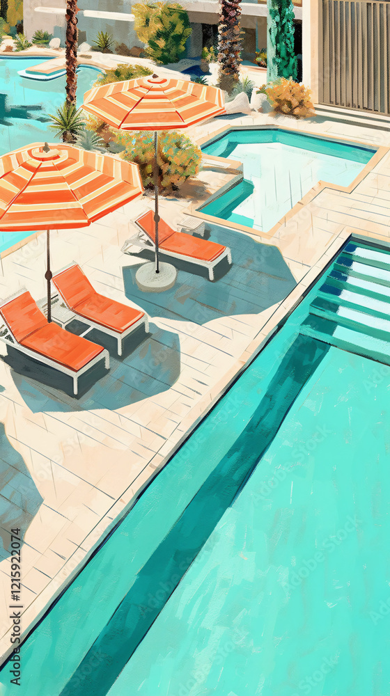 Fototapeta premium contemporary above view painting of a retro style Palm Springs resort with umbrellas, chairs, pool, and palm trees using muted pastel colors