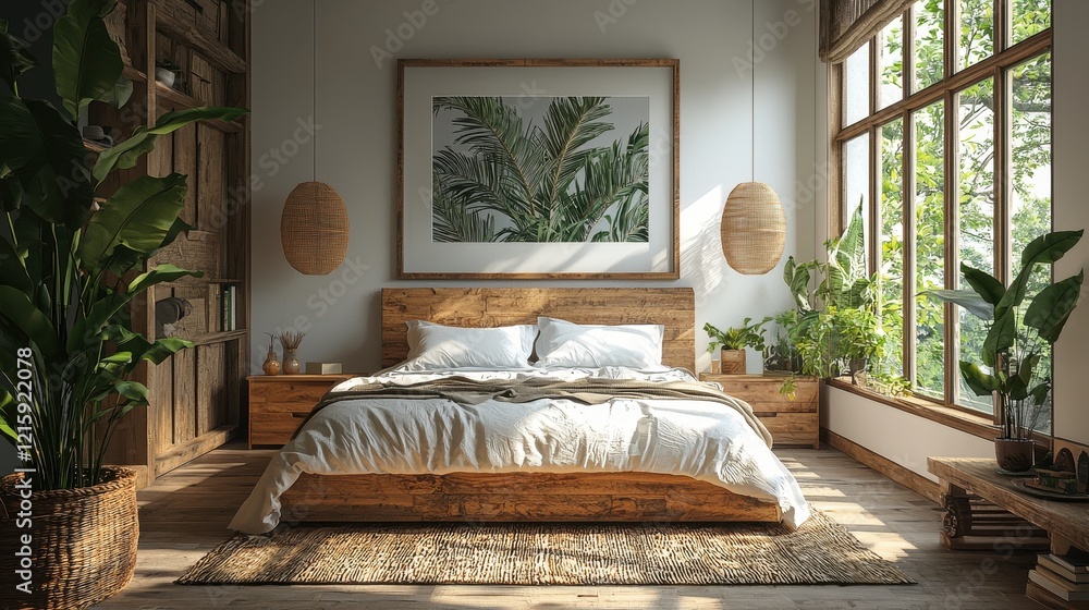 Serene and Cozy Bedroom Interior with Natural Elements, Lush Green Plants, and Abundant Natural Light for a Tranquil Atmosphere in a Modern Home Serene and Cozy Bedroom Interior with Natural Elements, Lush Green Plants, and Abundant Natural Light for a Tranquil Atmosphere in a Modern Home