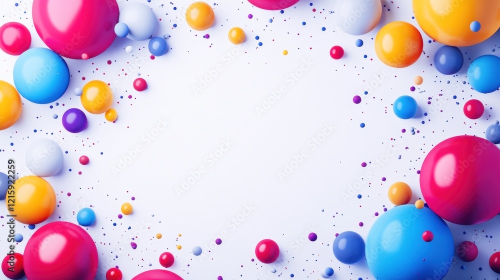 Colorful spheres and confetti border on white background.