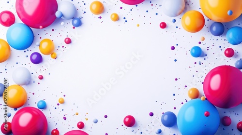 Obraz na płótnie Colorful spheres and confetti border on white background. w salonie