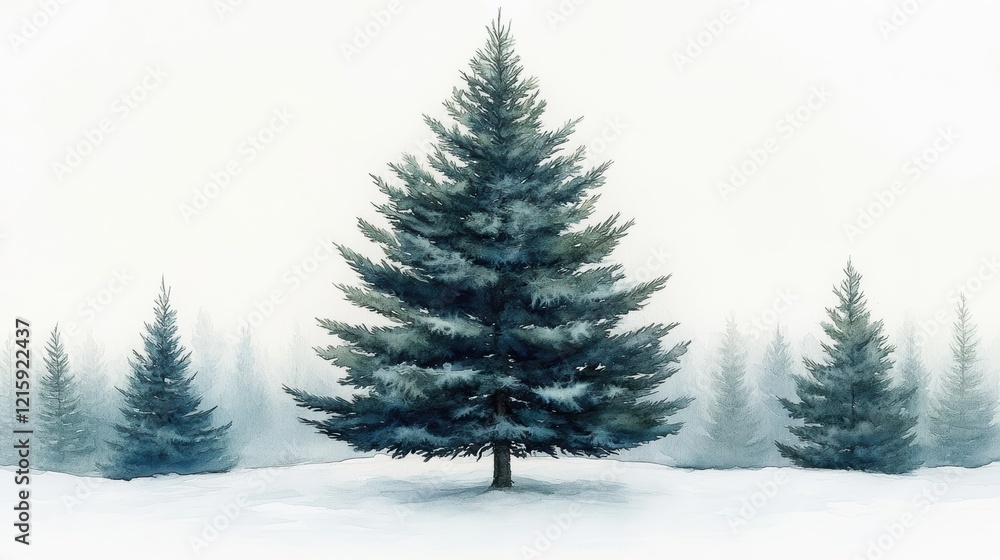 Majestic Evergreen Tree Surrounded by Snowy Landscape in Winter Majestic Evergreen Tree Surrounded by Snowy Landscape in Winter
