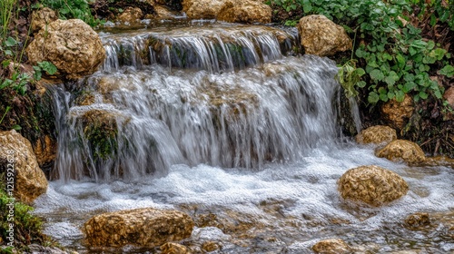 Serene Waterfall Cascading Over Rocks in Lush Greenery