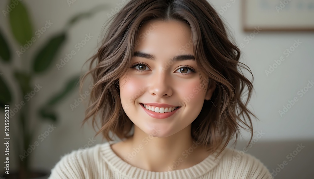 Portrait of a young woman with beautiful brown wavy hair and a bright smile, wearing a cream-colored sweater, indoor setting Portrait of a young woman with beautiful brown wavy hair and a bright smile, wearing a cream-colored sweater, indoor setting