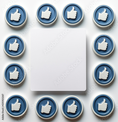 A creative arrangement of blue thumbs-up icons forming a circle around a blank white square. The design symbolizes social media engagement, likes, and interaction with a clean and minimalist layout.
