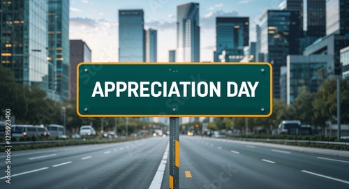 appreciation day text on road sign in middle of modern business city background