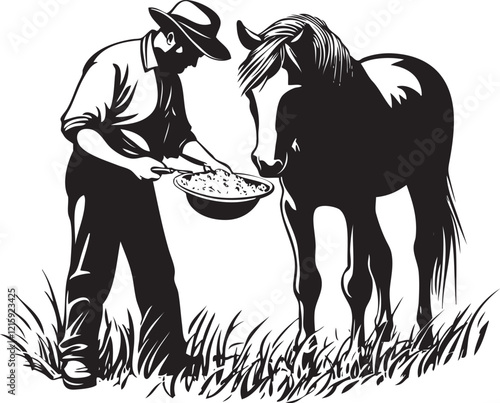 farmer and horse, feeding