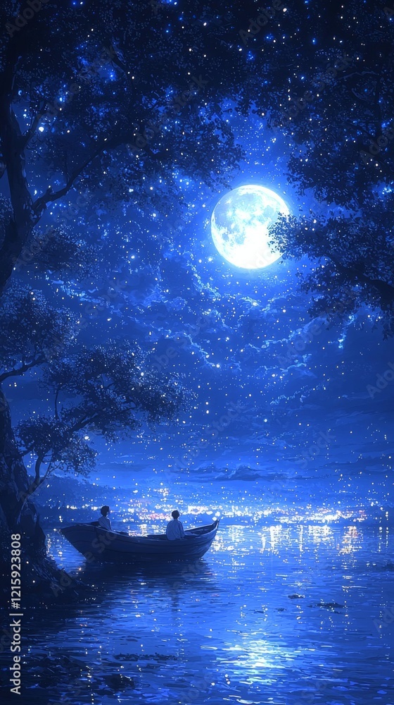 A serene night scene featuring a boat on a tranquil lake under a bright full moon, surrounded by shimmering stars and lush trees. A serene night scene featuring a boat on a tranquil lake under a bright full moon, surrounded by shimmering stars and lush trees.