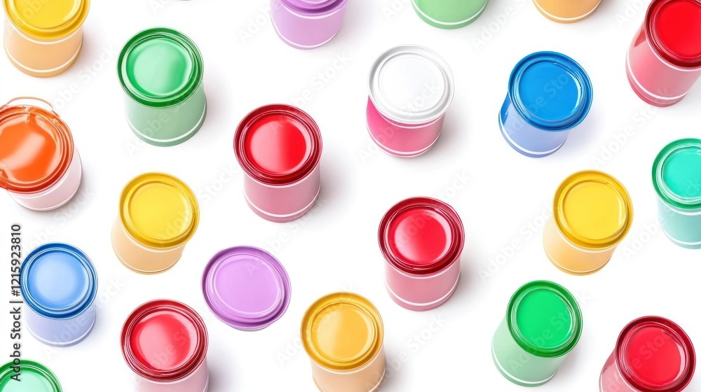 Colorful paint cans scattered on white background.