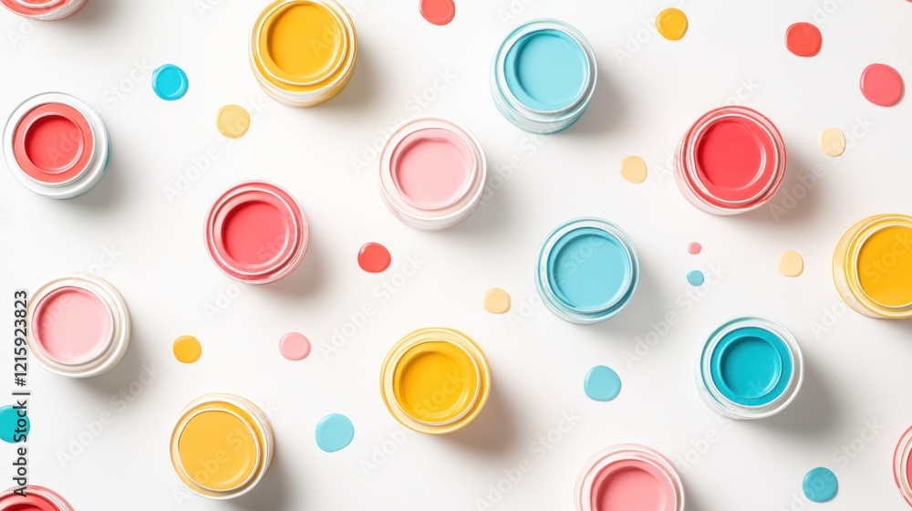 Colorful paint cans and confetti arranged on white background.