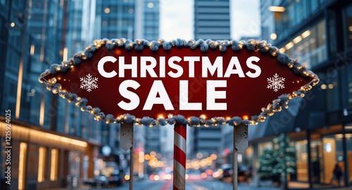 christmas sale text on road sign in middle of modern business city background