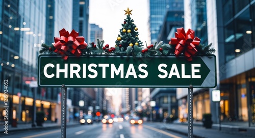 christmas sale text on road sign in middle of modern business city background