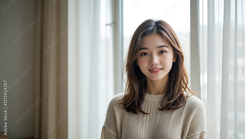 Portrait of a beautiful young Asian woman with shoulder-length brown hair, wearing a cream-colored sweater, standing near a bright window with sheer curtains. Portrait of a beautiful young Asian woman with shoulder-length brown hair, wearing a cream-colored sweater, standing near a bright window with sheer curtains.