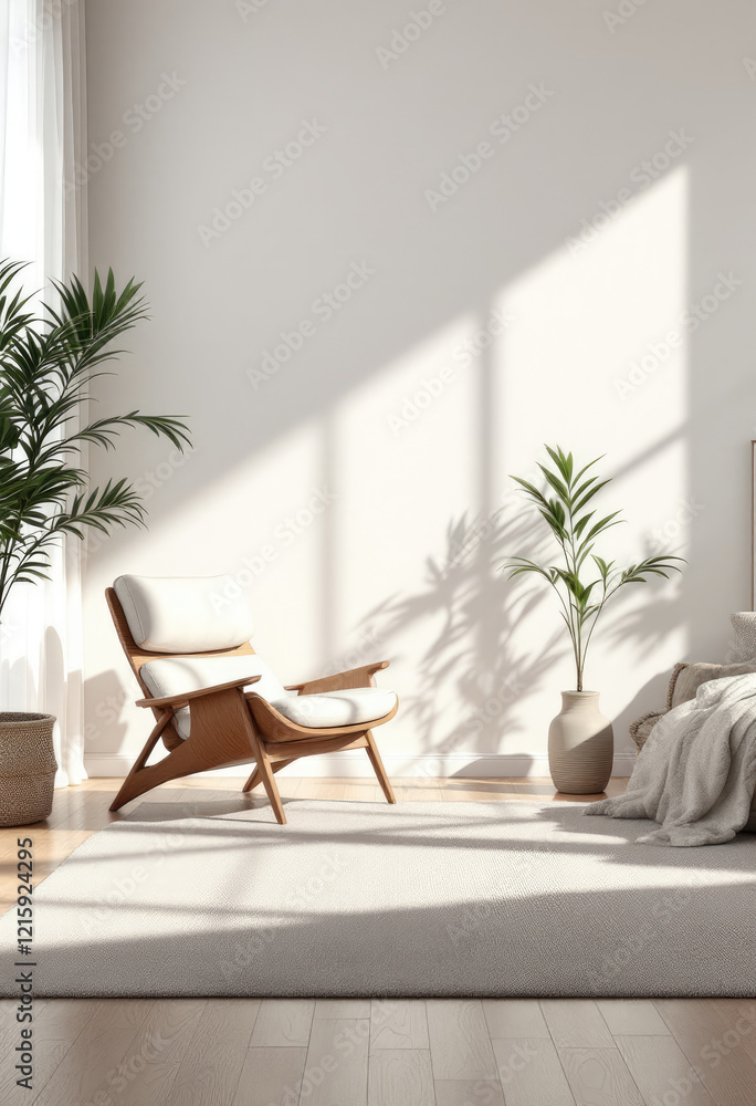 a wooden chair with a white cushion, a large white rug, and two potted plants, creating a cozy and inviting atmosphere. Cozy modern living room with photo frame design a wooden chair with a white cushion, a large white rug, and two potted plants, creating a cozy and inviting atmosphere. Cozy modern living room with photo frame design