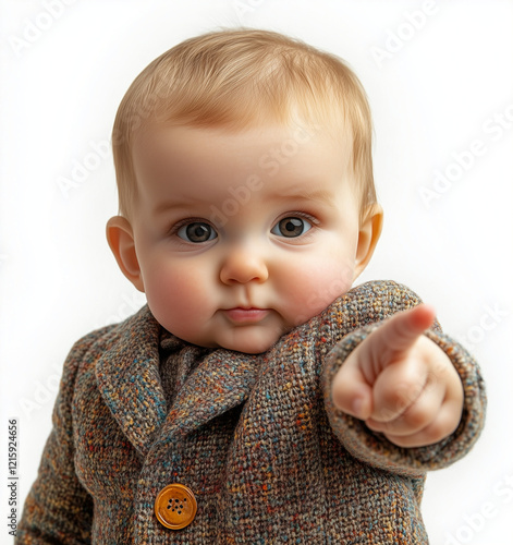 Adorable baby dressed in a formal suit, making playful gestures such as pointing and giving thumbs up. A humorous yet professional scene, showcasing charm, cuteness, and business-inspired creativity.
