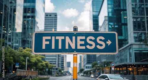 fitness text on road sign in middle of modern business city background