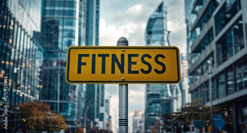 fitness text on road sign in middle of modern business city background