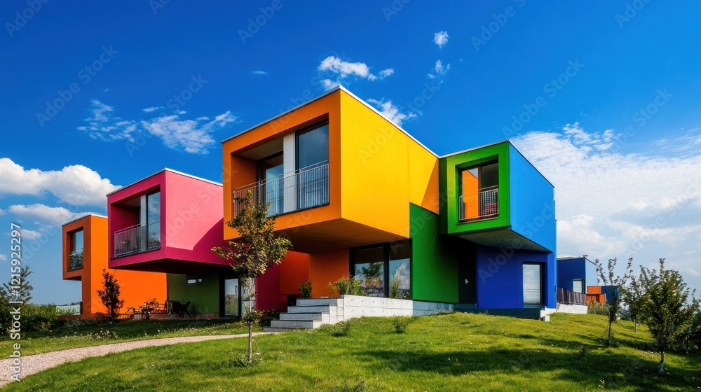 Colorful modern houses on a grassy hill under a blue sky.