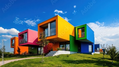 Obraz na płótnie Colorful modern houses on a grassy hill under a blue sky. w salonie