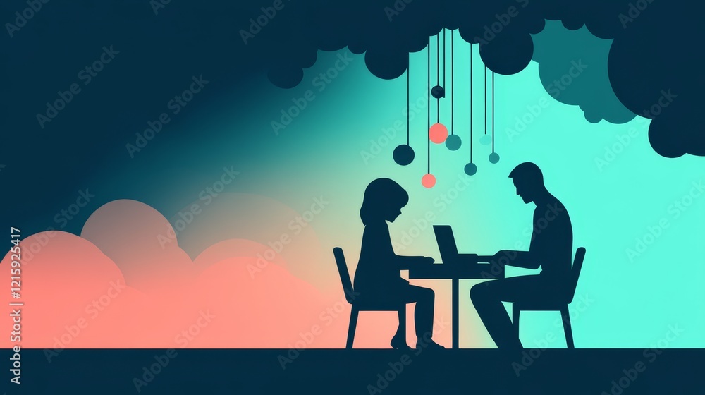 Fototapeta premium Silhouetted Figures Collaborating Underneath Abstract Cloudscape