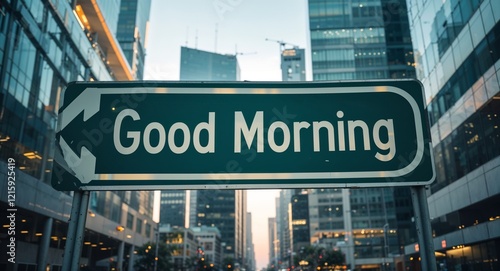 good morning text on road sign in middle of modern business city background