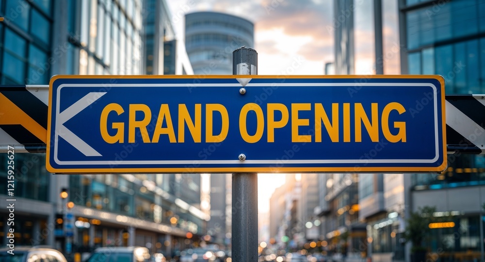 Obraz premium grand opening text on road sign in middle of modern business city background