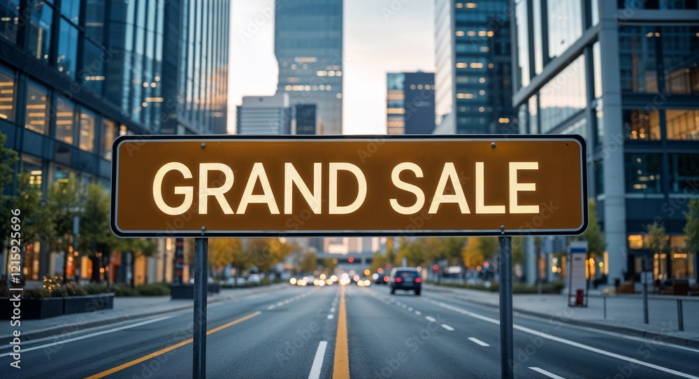 Fototapeta premium grand sale text on road sign in middle of modern business city background