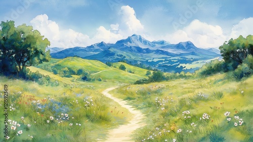 A painting of a field with a path leading through it