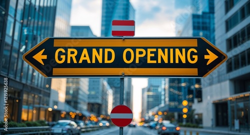 grand opening text on road sign in middle of modern business city background