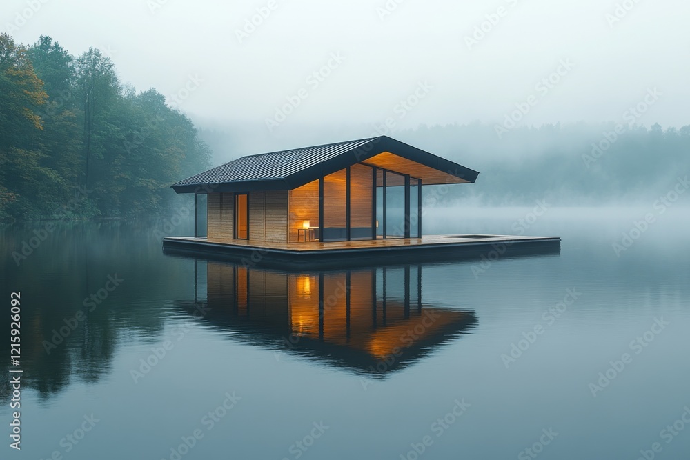 Tranquil Serenity: A Minimalist Floating House Amidst Calm Waters. Tranquil Serenity: A Minimalist Floating House Amidst Calm Waters.