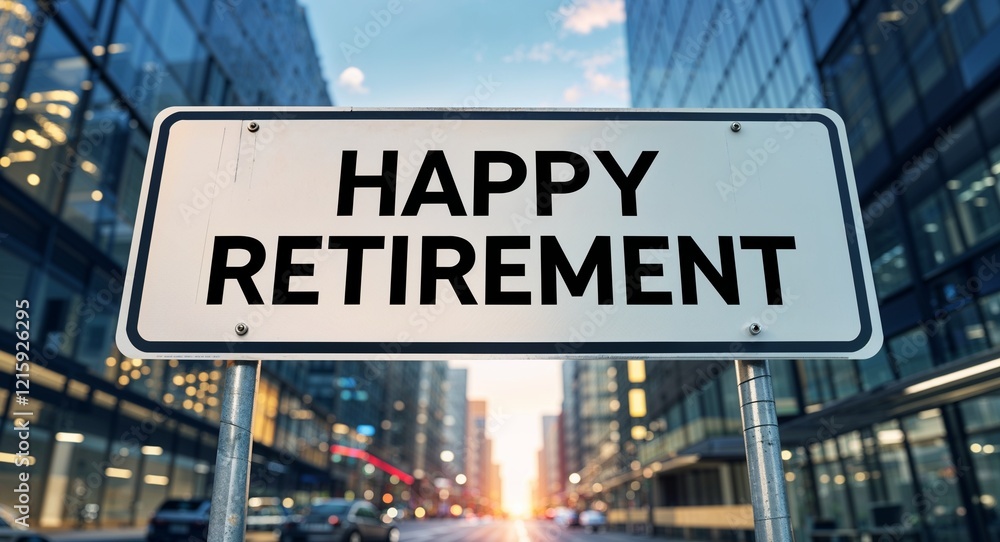 happy retirement text on road sign in middle of modern business city background happy retirement text on road sign in middle of modern business city background