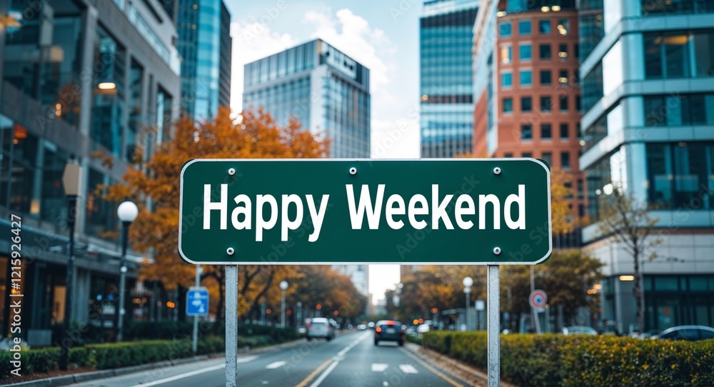 happy weekend text on road sign in middle of modern business city background happy weekend text on road sign in middle of modern business city background