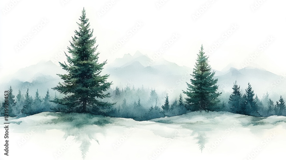 Naklejka premium Serene Watercolor Landscape of Evergreen Trees and Misty Mountains