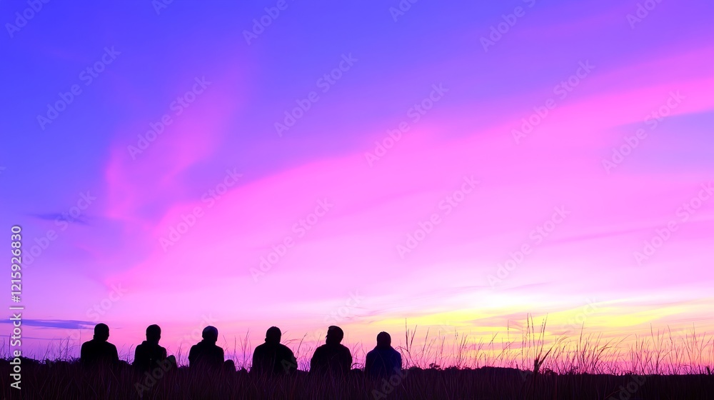 Silhouetted Friends Watching Sunset Sky Silhouetted Friends Watching Sunset Sky