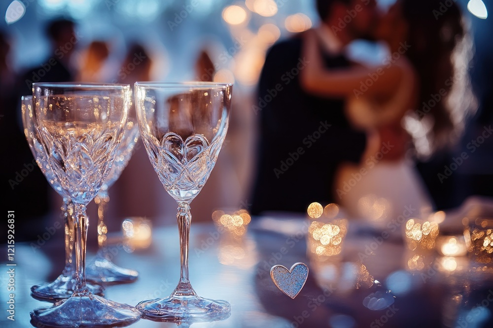 Romantic Wedding Reception: Crystal Wine Glasses and a Kissing Couple