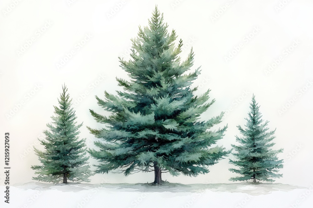 Fototapeta premium Lush Evergreen Trees with Soft Snowy Landscape in Watercolor Style