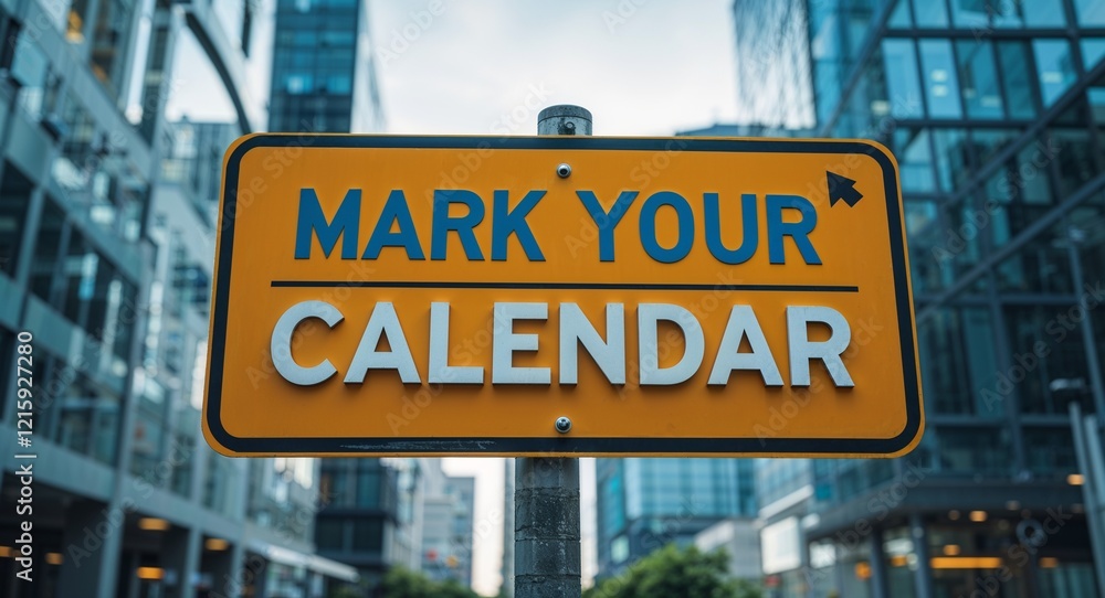 mark your calendar text on road sign in middle of modern business city background mark your calendar text on road sign in middle of modern business city background